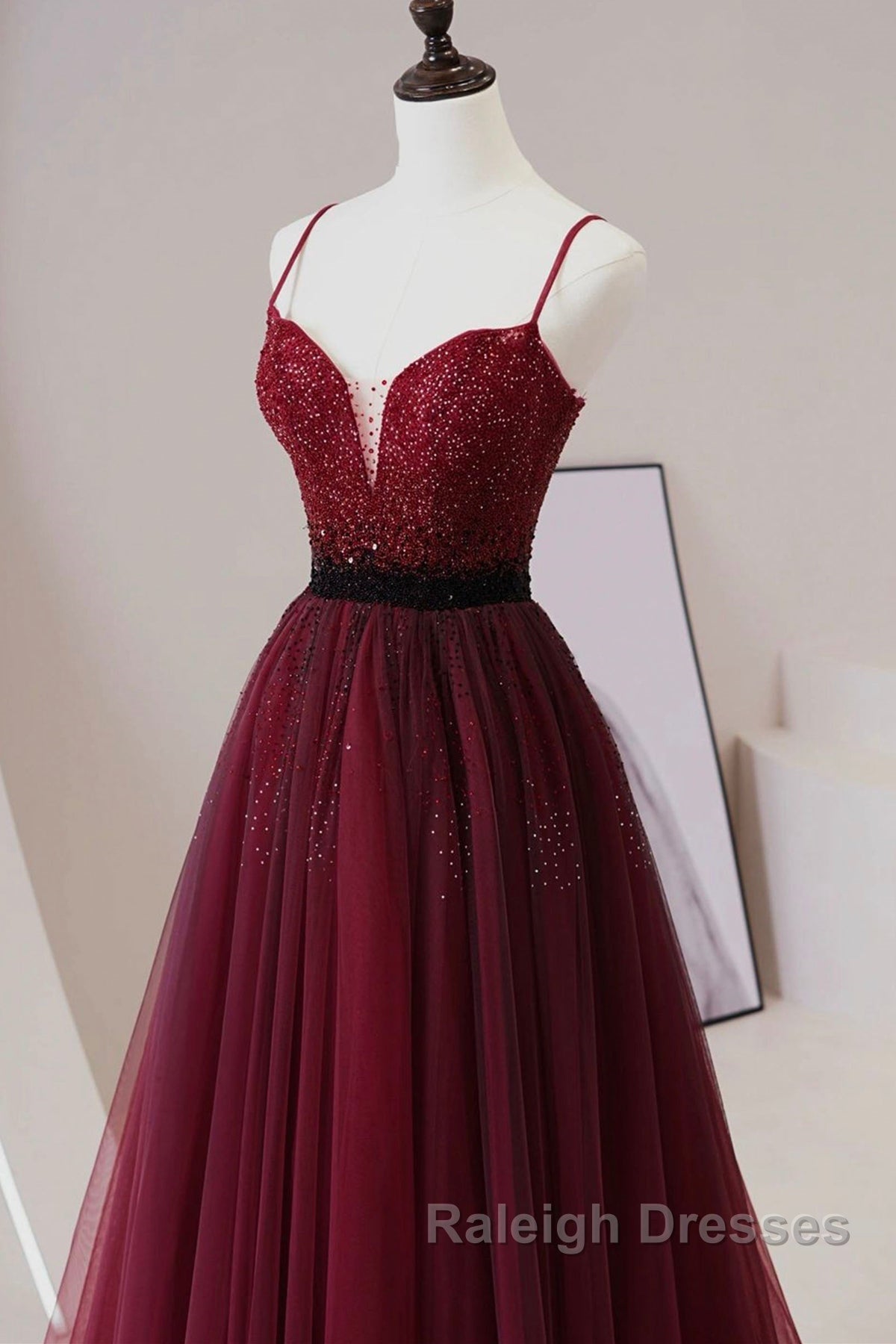 A Line V Neck Beaded Burgundy Tulle Long Prom Dress, Beaded Burgundy Formal Graduation Evening Dress