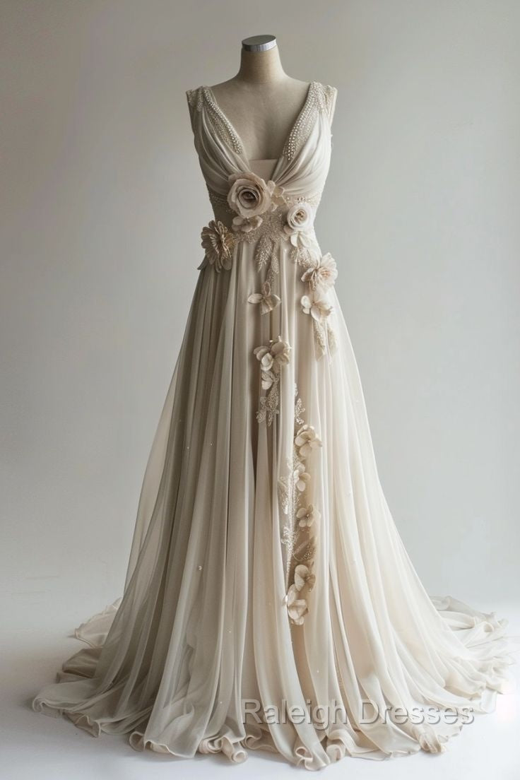 A-Line V-Neck Beaded Chiffon Long Prom Dress, Vintage Applique Wedding Dress Secondary image