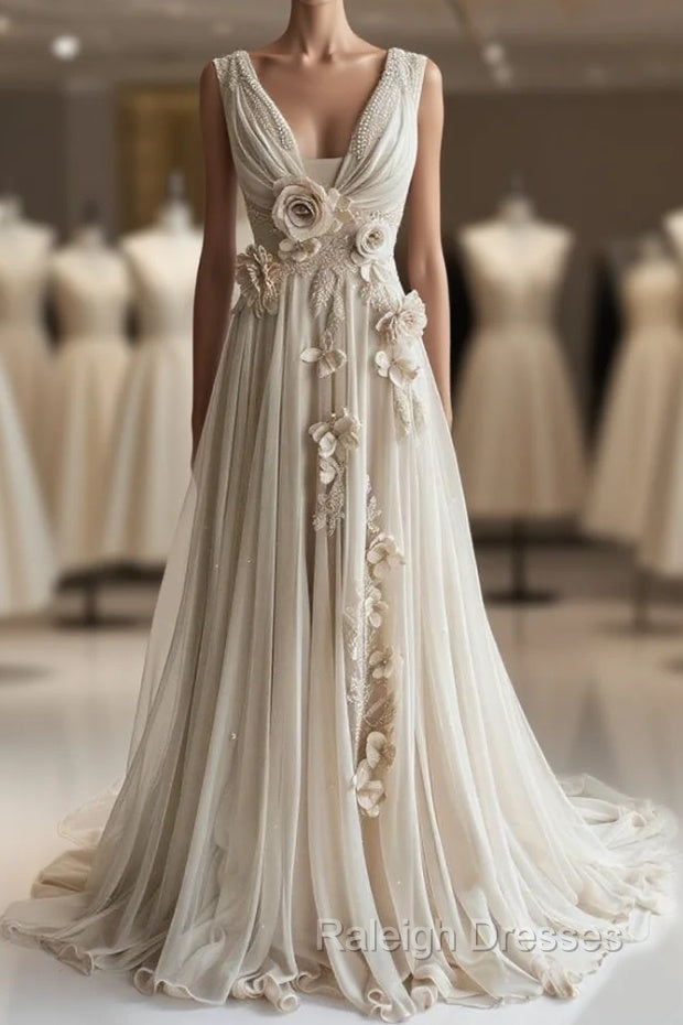 A-Line V-Neck Beaded Chiffon Long Prom Dress, Vintage Applique Wedding Dress Main image