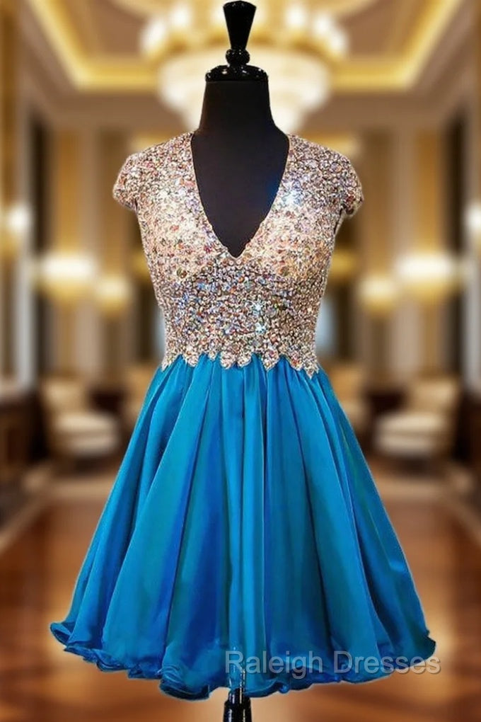 A-line V-neck Beaded Crystals Backless Blue Homecoming Dress Main image