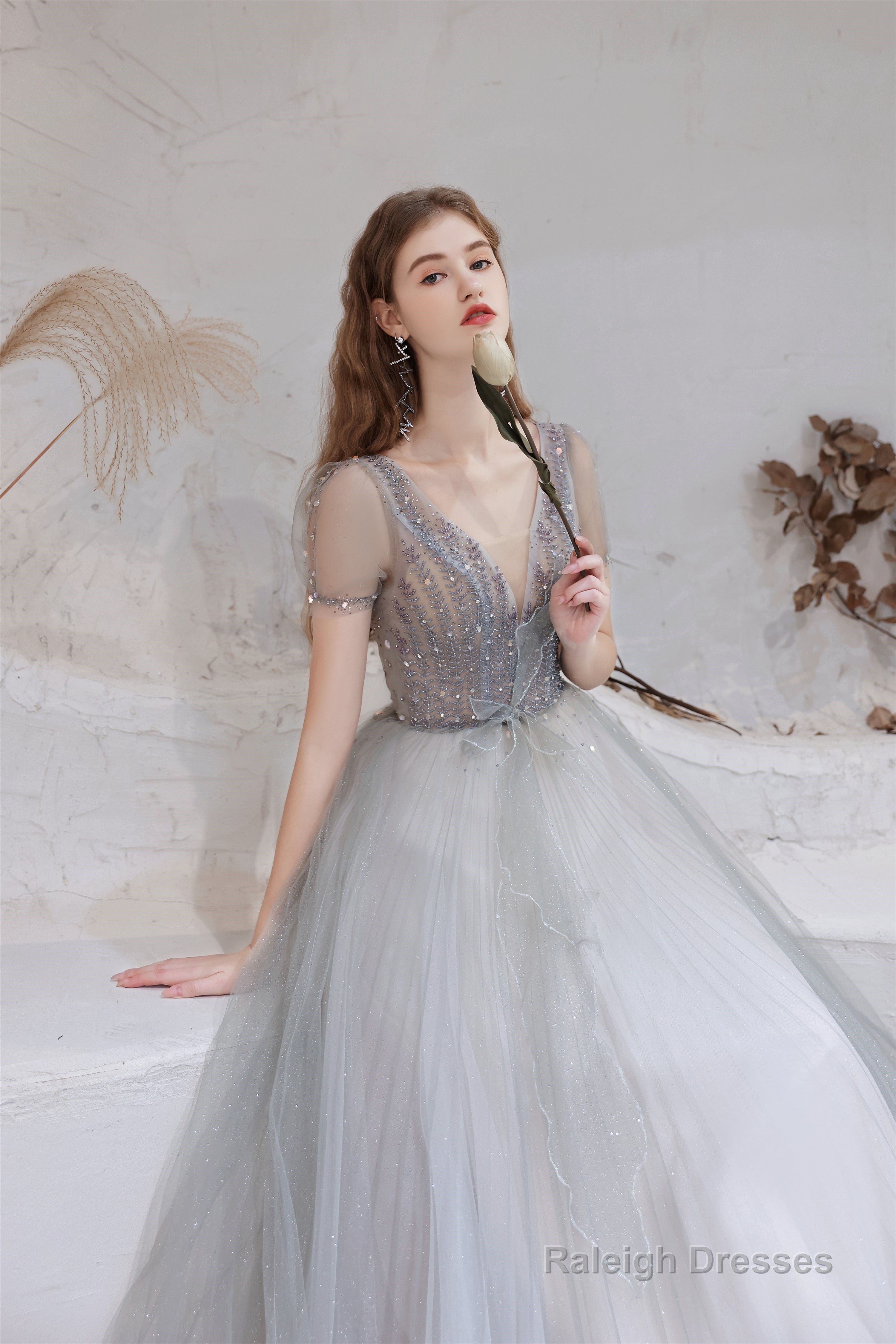 A Line V-Neck Beaded Floor Length Prom Dresses With Short Sleeves