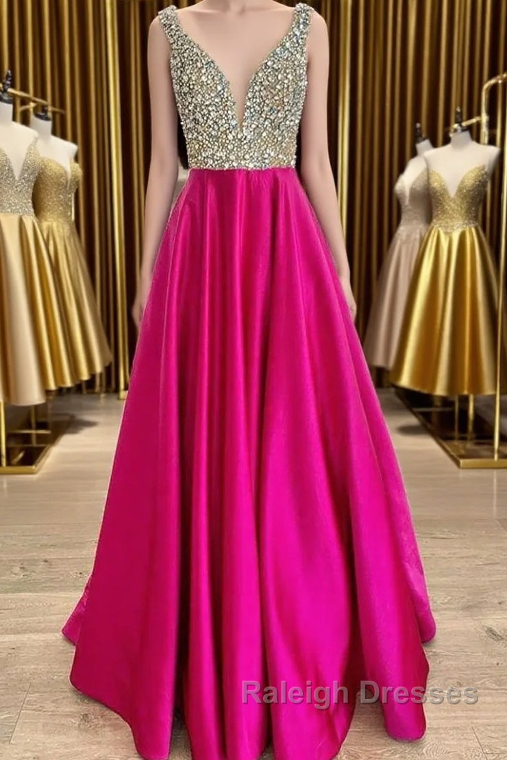 A Line V Neck Beaded Fuchsia Long Prom Dress, V Neck Fuchsia Formal Dress, Beaded Fuchsia Evening Dress