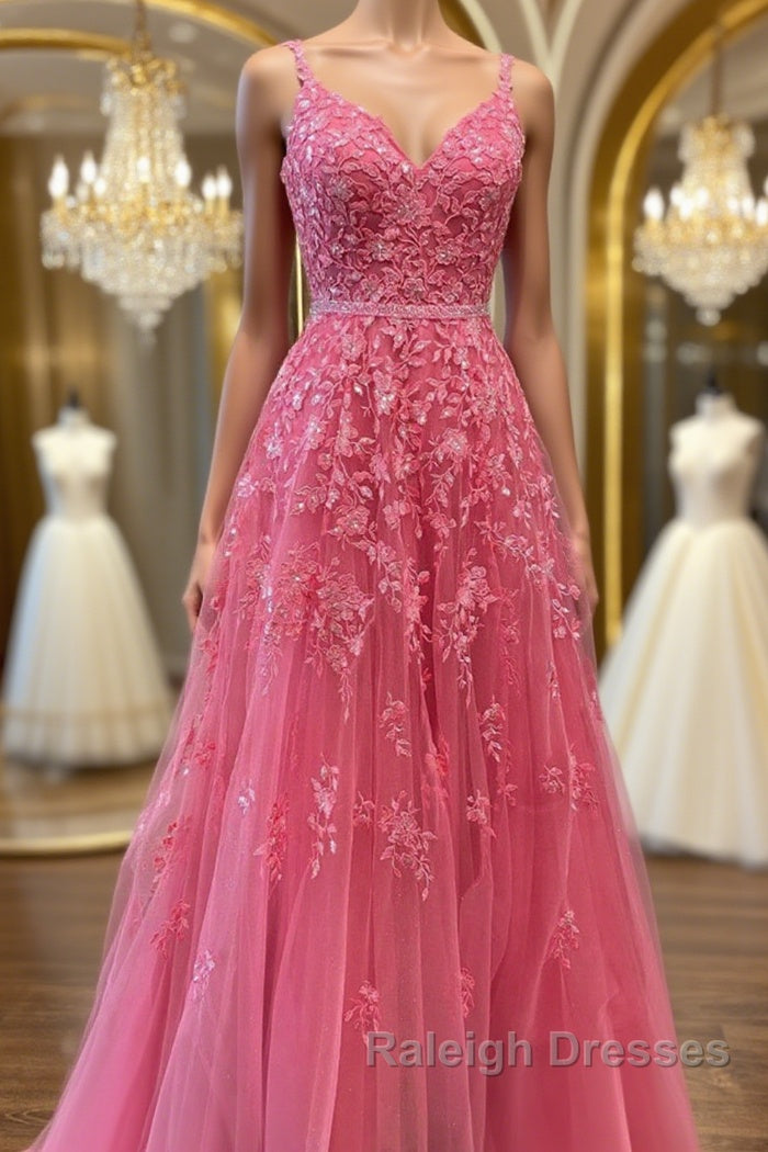 A Line V Neck Beaded Hot Pink Lace Long Prom Dress, Hot Pink Lace Formal Graduation Evening Dress Main image