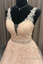 A Line V Neck Beaded Pink Lace Long Prom Dresses V Neck Pink Lace Prom Dresses Pink Lace Prom Dresses