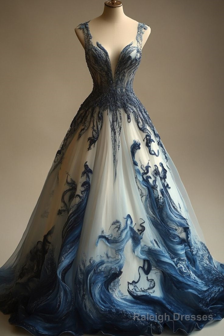 A-Line V-Neck Beaded Tulle Long Prom Dresses