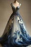 A-Line V-Neck Beaded Tulle Long Prom Dresses