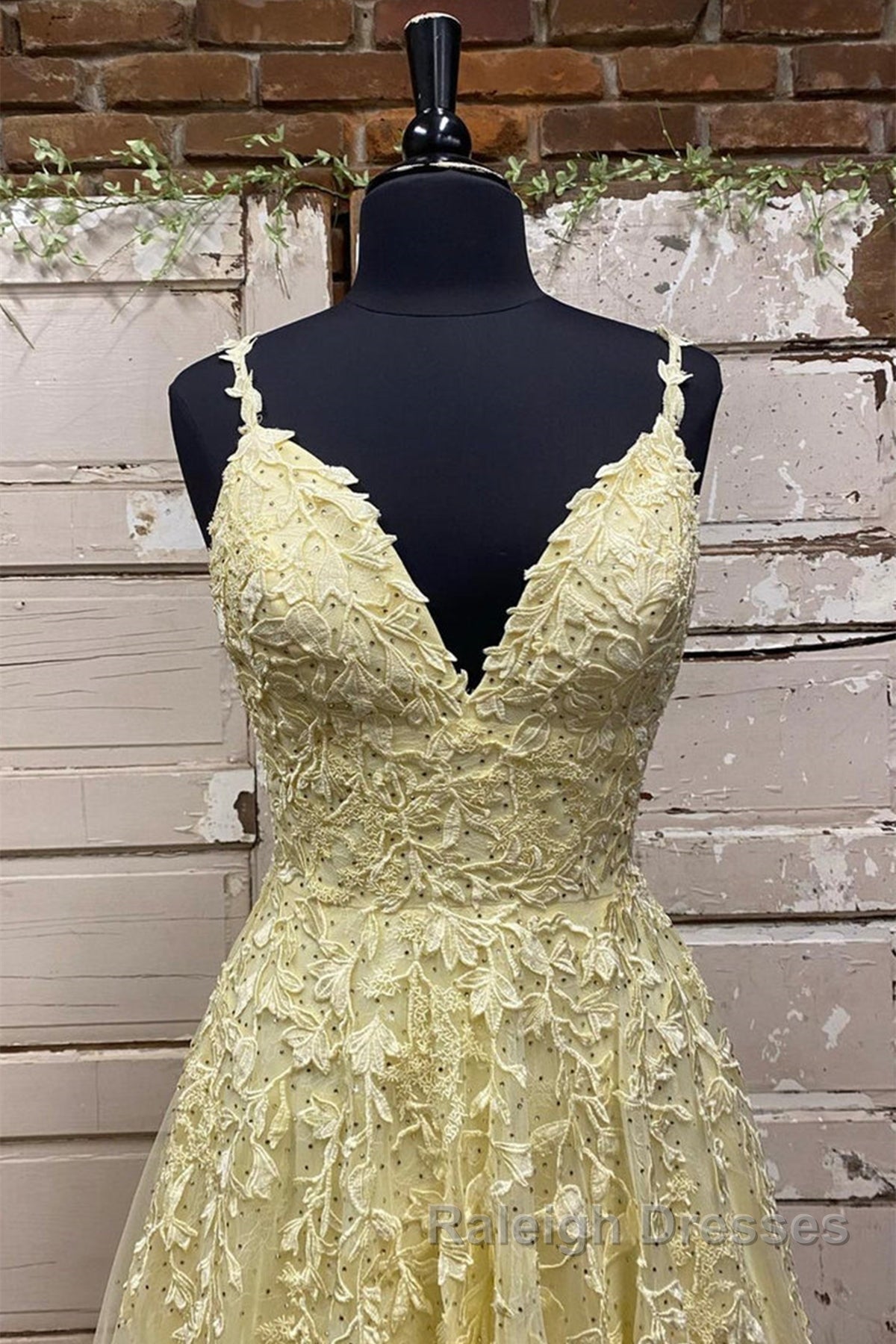 A Line V Neck Beaded Yellow Lace Tulle Long Prom Dress, Yellow Lace Formal Dress, Beaded Yellow Evening Dress Secondary image