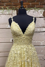 A Line V Neck Beaded Yellow Lace Tulle Long Prom Dresses Yellow Lace Prom Dresses Beaded Yellow Prom Dresses