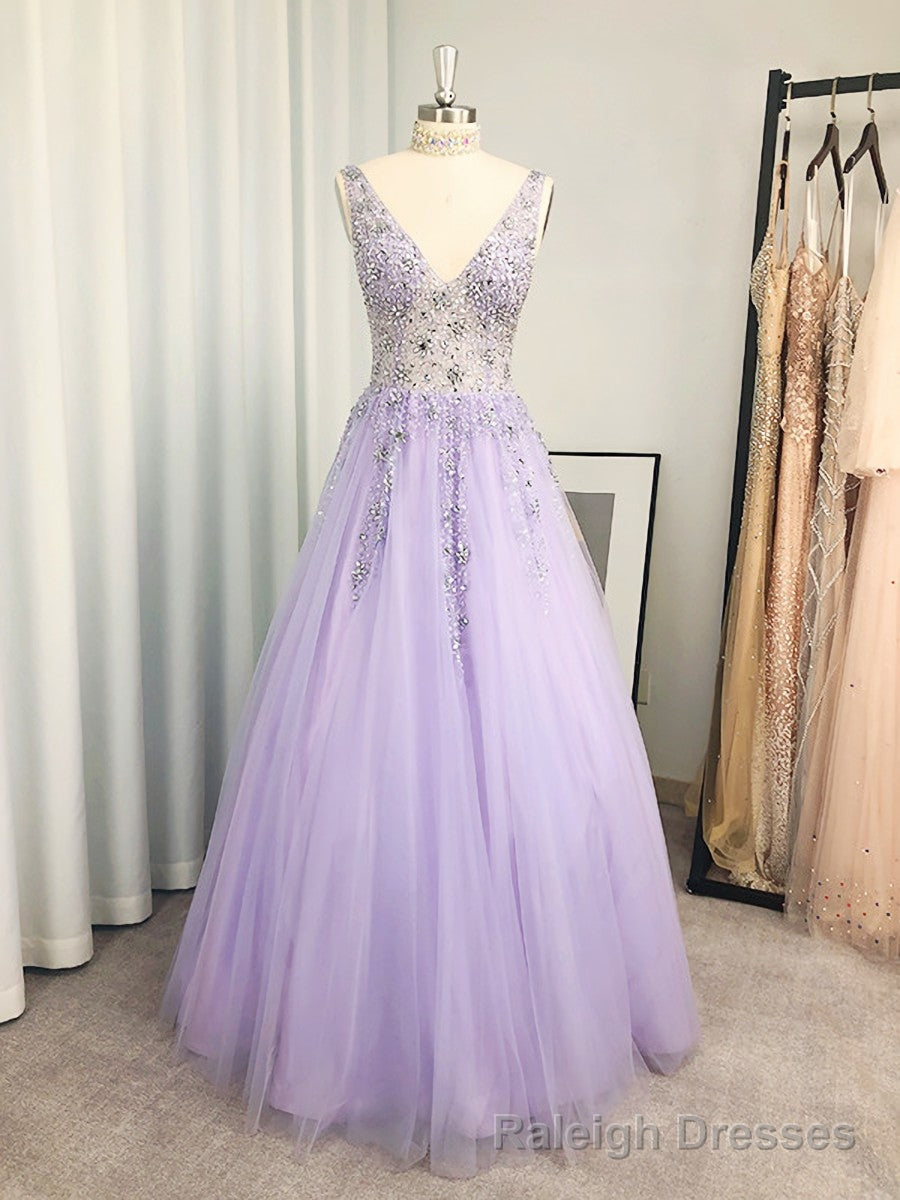 A-line V-neck Beading Floor-Length Tulle Dress Main image