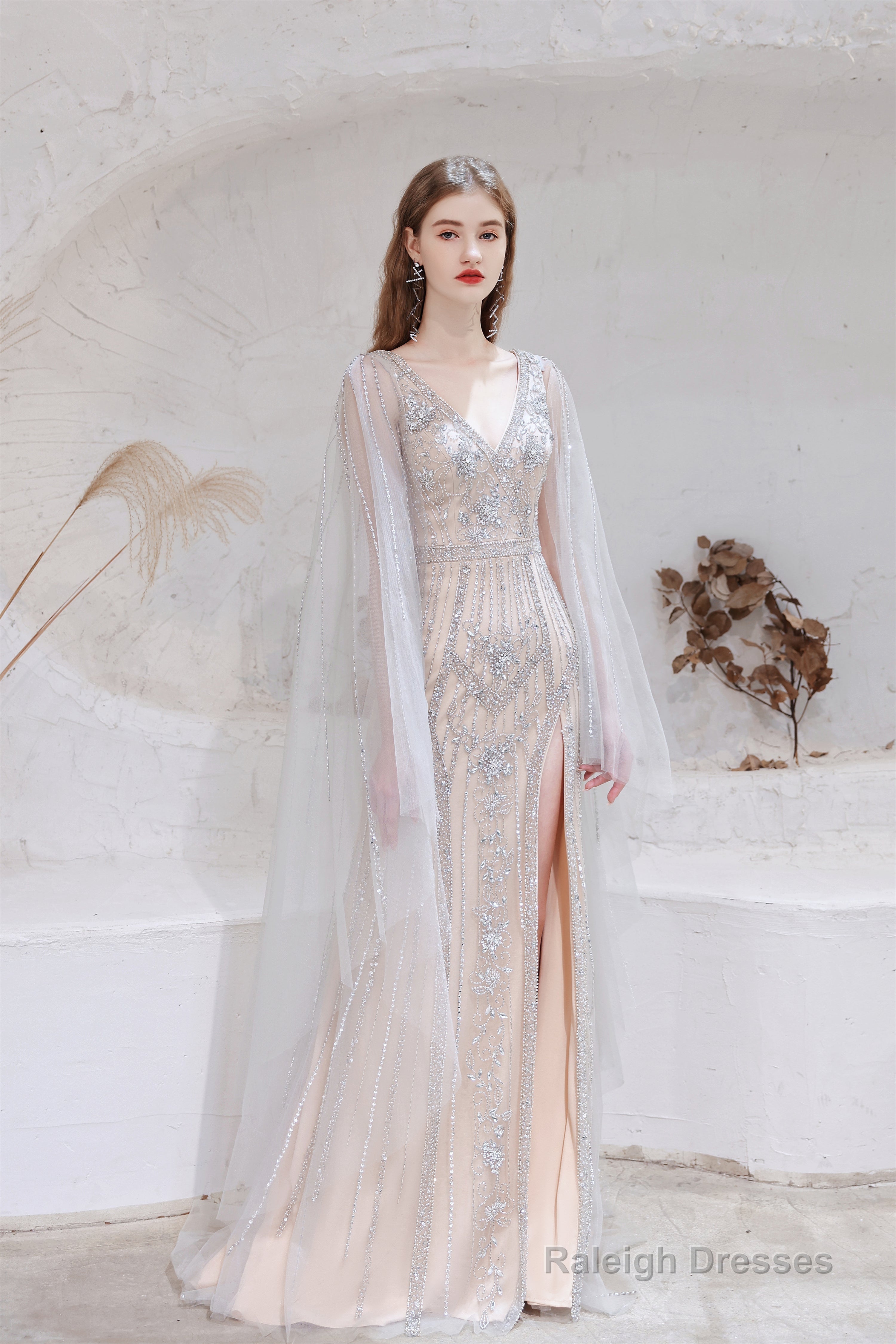 A Line V-Neck Beading Split Tulle Sweep Train Prom Dresses Main image