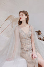 A Line V-Neck Beading Split Tulle Sweep Train Prom Dresses