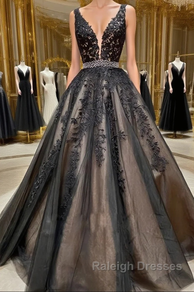 A Line V Neck Black Lace Prom Dresses, Black Lace Formal Evening Dresses Main image