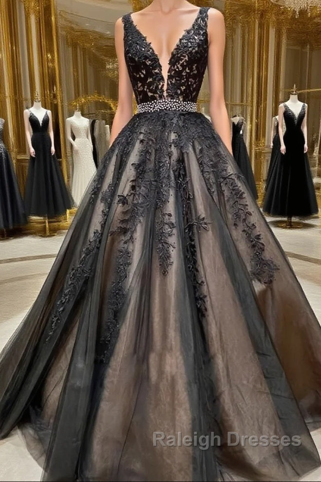 A Line V Neck Black Lace Prom Dresses, Black Lace Formal Evening Dress