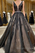A Line V Neck Black Lace Prom Dresses, Black Lace Formal Evening Dresses