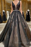 A Line V Neck Black Lace Prom Dresses, Black Lace Formal Evening Dresses