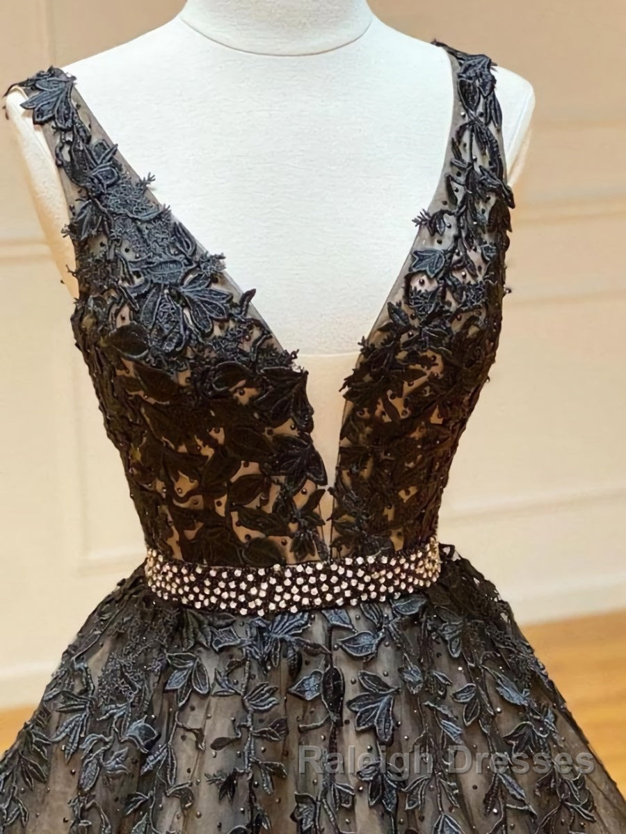 A Line V Neck Black Lace Prom Dresses, Black Lace Formal Evening Dresses Secondary image