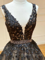 A Line V Neck Black Lace Prom Dress Black Lace Prom Dress