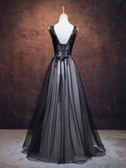 A Line V Neck Black Lace Prom Dresses, Black V Neck Lace Formal Evening Dresses