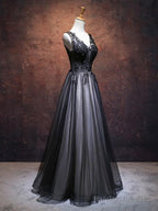 A Line V Neck Black Lace Prom Dresses, Black V Neck Lace Formal Evening Dresses