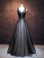 A Line V Neck Black Lace Prom Dresses, Black V Neck Lace Formal Evening Dresses
