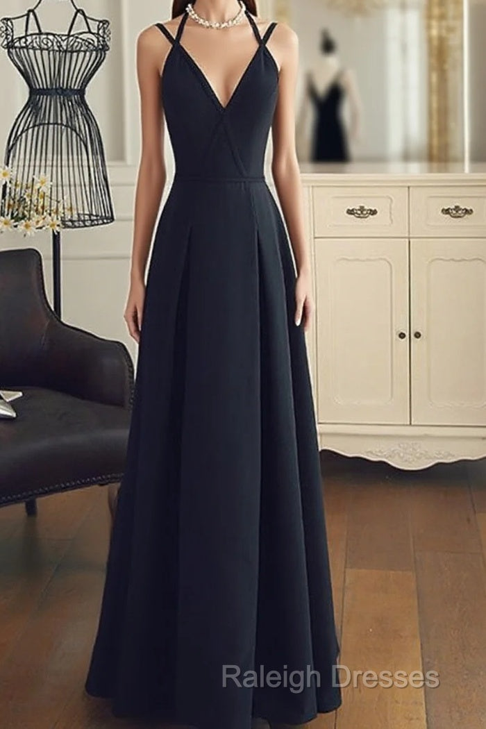 A Line V Neck Black Long Prom Dresses With Corss Back, Black Long Formal Evening Graduation Dresses Main image