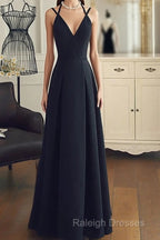 A Line V Neck Black Long Prom Dresses With Corss Back, Black Long Formal Evening Graduation Dresses