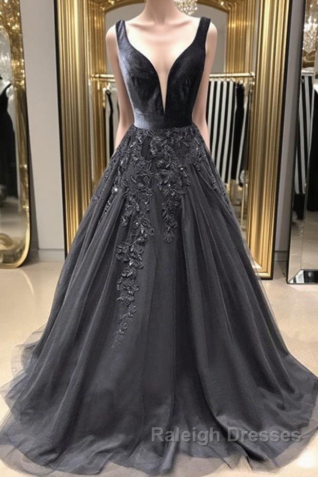 A Line V Neck Black Prom Dress Long with Lace Appliques V Neck Black Lace Prom Dress