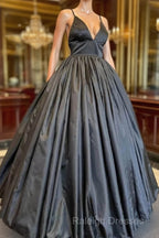 A Line V Neck Black Prom Dresses With Pocket Long Satin Formal Graduation Dress
