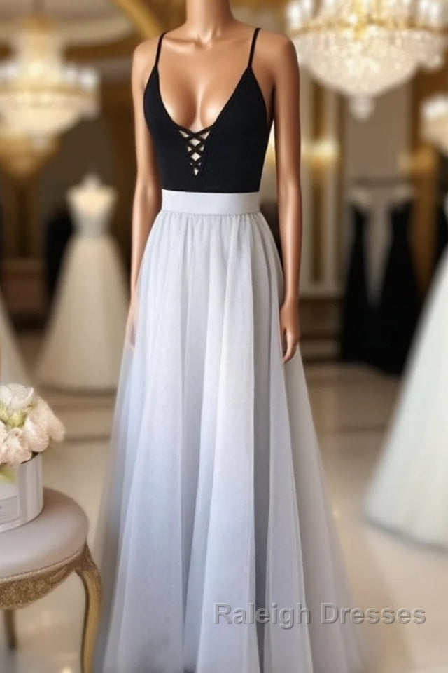A Line V Neck Black Top Gray Prom Dresses, Gray Formal Dresses, V Neck Black Top Gray Evening Dresses, Graduation Dresses