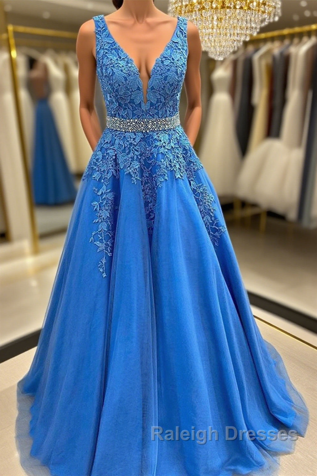 A Line V Neck Blue Lace Long Prom Dresses with Belt, Blue Lace Formal Evening Dresses Main image