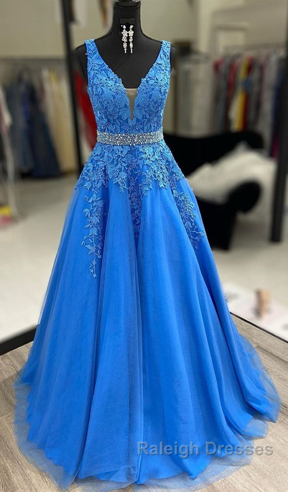 A Line V Neck Blue Lace Long Prom Dresses with Belt, Blue Lace Formal Evening Dresses Secondary image