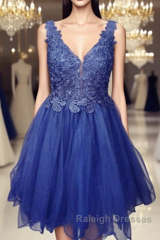 A Line V Neck Blue Lace Short Prom Dress, Blue Lace Homecoming Dress, Short Blue Formal Evening Dress Main image