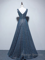 A-line V Neck Blue Long Prom Dress, Blue Formal Dresses