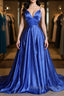 A Line V Neck Blue Long Prom Dress, V Neck Blue Formal Graduation Evening Dress