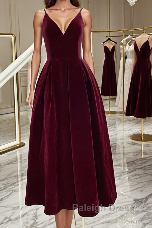 A Line V Neck Burgundy Black Tea Length Prom Dresses, Short Black Wine Red Formal Homecoming Dresses Main image