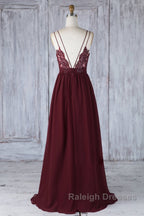 A Line V Neck Burgundy Chiffon Long Prom Dress with Lace Back, V Neck Lace Back Burgundy Formal Graduation Evening Dress