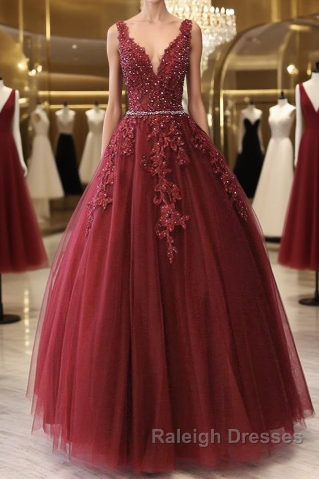 A Line V Neck Burgundy Lace Prom Dresses, Burgundy Lace Formal Dresses, Burgundy Evening Dresses Main image