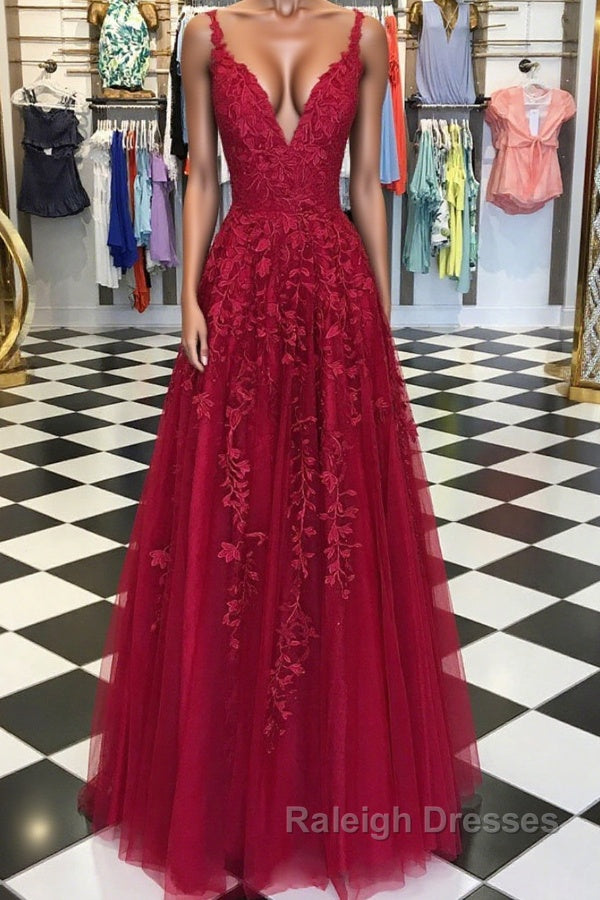 A Line V Neck Burgundy Lace Prom Dresses, Wine Burgundy Lace Formal Evening Dresses Main image
