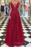 A Line V Neck Burgundy Lace Prom Dresses, Wine Burgundy Lace Formal Evening Dresses