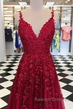 A Line V Neck Burgundy Lace Prom Dresses, Wine Burgundy Lace Formal Evening Dresses