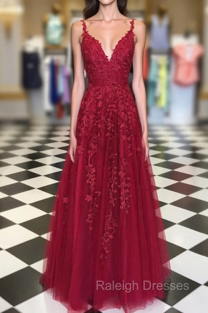A Line V Neck Burgundy Lace Prom Dresses, Wine Red Lace Formal Prom Dresses Main image