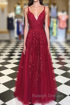 A Line V Neck Burgundy Lace Prom Dresses, Wine Red Lace Formal Prom Dresses