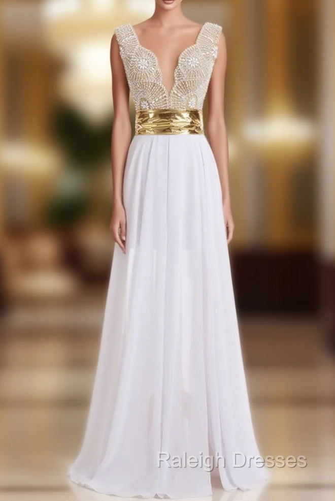 A-line V-neck Cap Sleeves Floor Length Chiffon Pearls Slit Prom Gown Main image