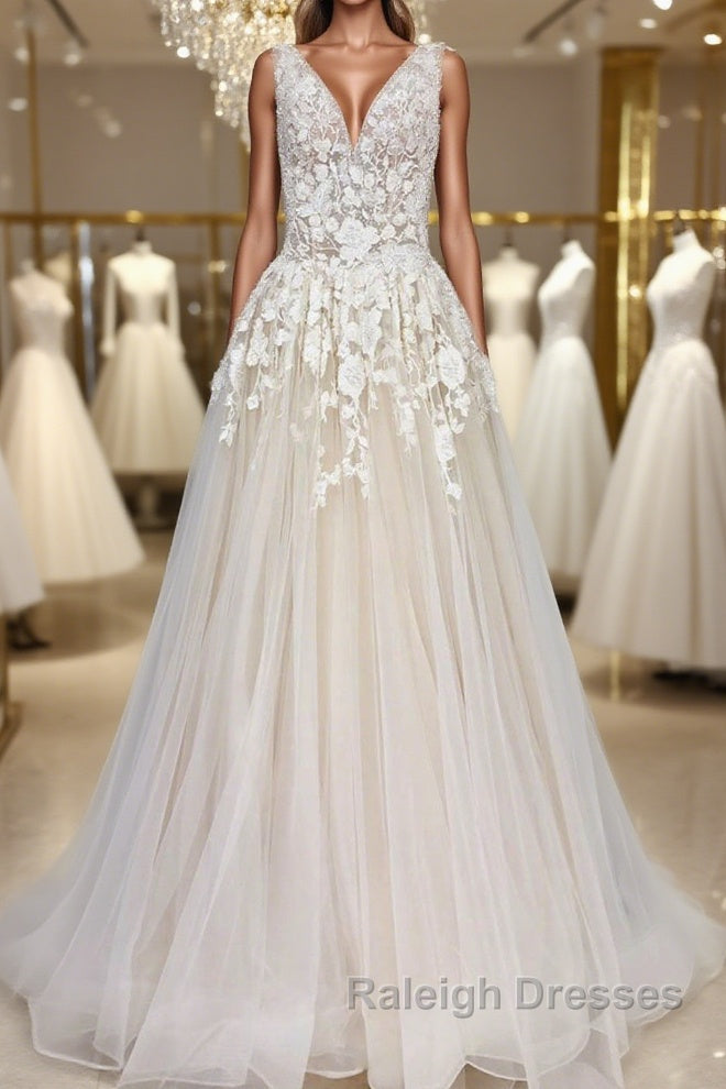 A Line V Neck Champagne Lace Long Prom Dresses, Champagne Lace Formal Dresses, Champagne Evening Dresses