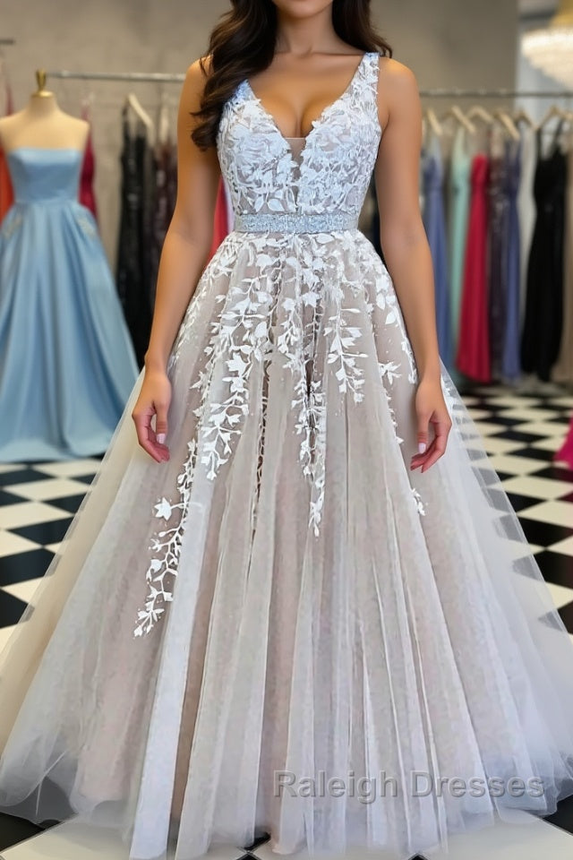 A Line V Neck Champagne Lace Prom Dresses, Champagne Lace Formal Evening Dresses