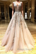 A Line V Neck Champagne Lace Prom Dresses, V Neck Champagne Lace Formal Graduation Evening Dresses