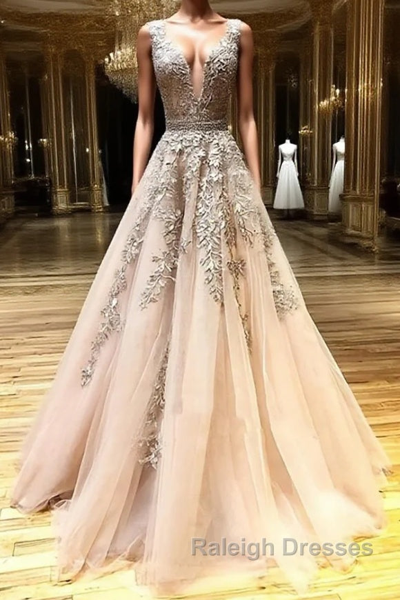 A Line V Neck Champagne Lace Prom Dress V Neck Champagne Lace Prom Graduation Prom Dress Main image