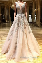 A Line V Neck Champagne Lace Prom Dress V Neck Champagne Lace Prom Graduation Prom Dress