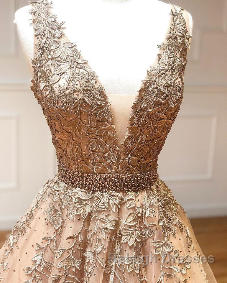 A Line V Neck Champagne Lace Prom Dresses, V Neck Champagne Lace Formal Graduation Evening Dresses Secondary image