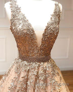 A Line V Neck Champagne Lace Prom Dress V Neck Champagne Lace Prom Graduation Prom Dress